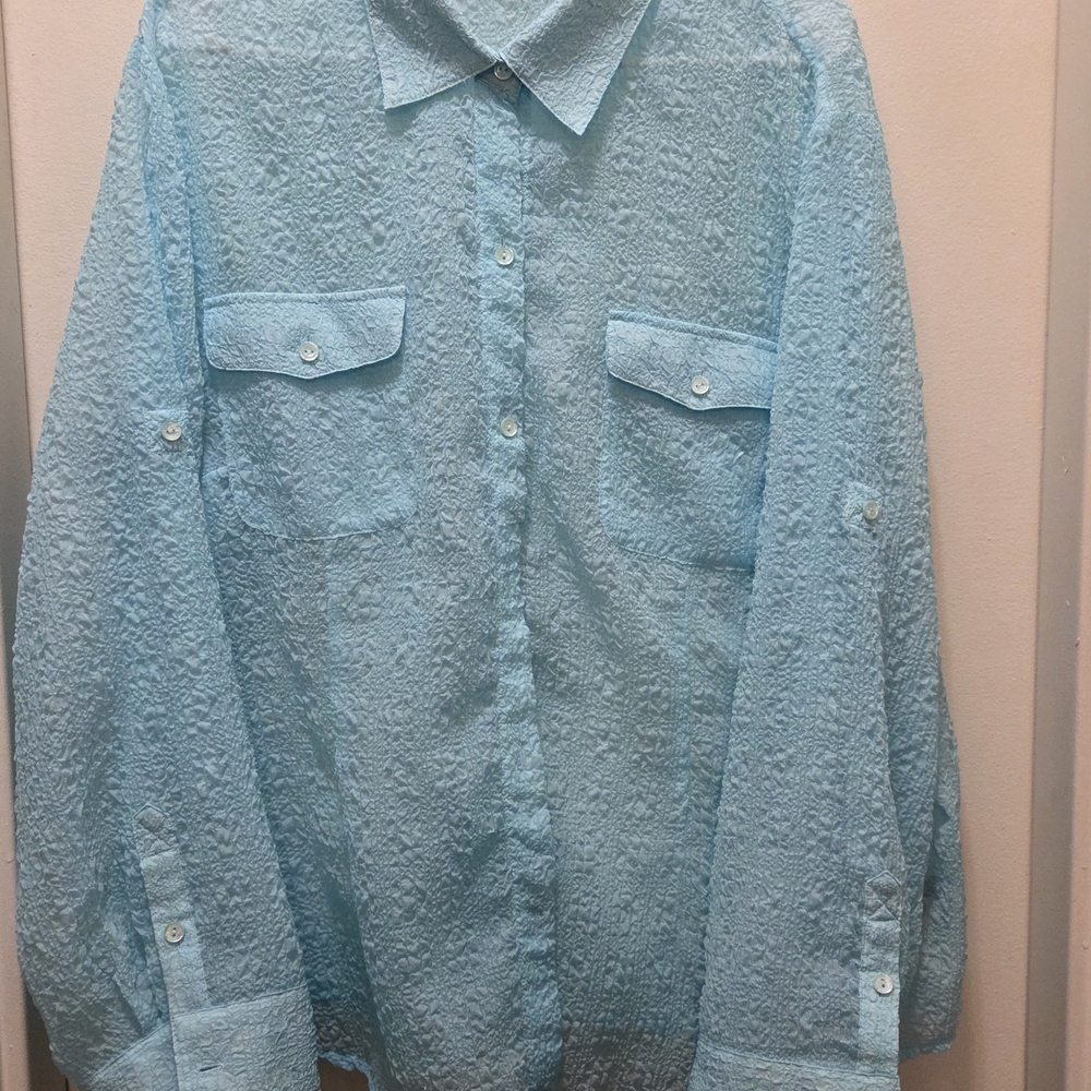 Evan Picone Light Blue Textured Button-Front Blouse